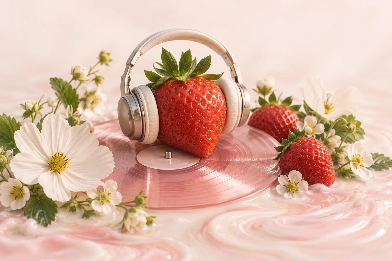 A ripe strawberry wearing cream headphones on a rose-pink vinyl record, surrounded by white flowers and soft strawberry-milk swirls